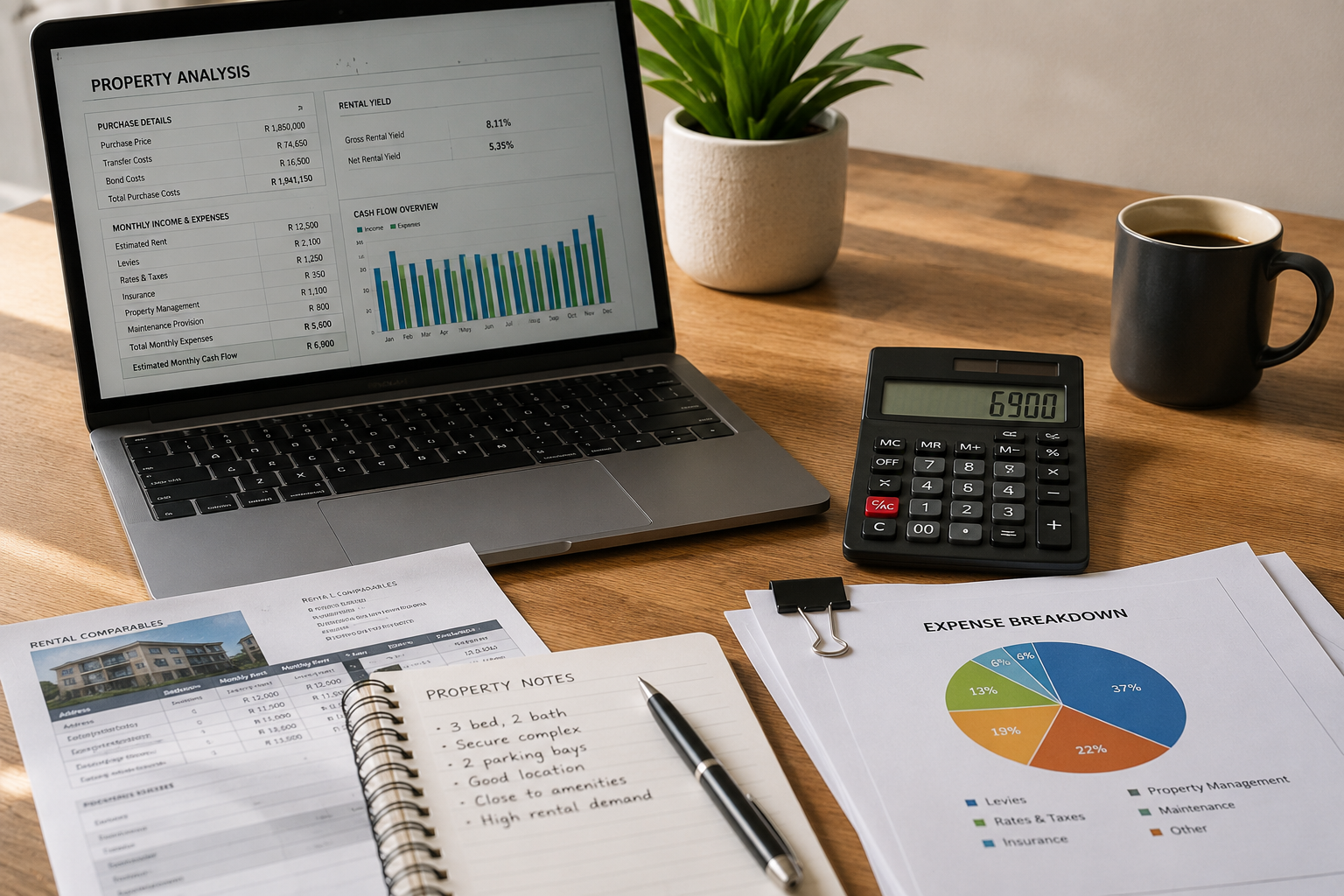 Laptop property analysis with printed financial documents and a calculator