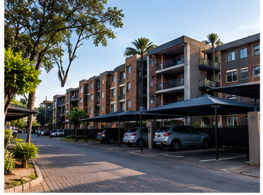 Driveway of a maintained residential complex with cars parked under shade cloth carports