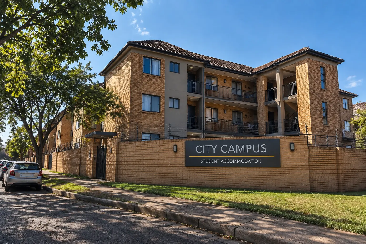 Brown face-brick multi-storey student accommodation building with black balcony railings behind a perimeter wall and electric fencing, with mature trees and parked cars