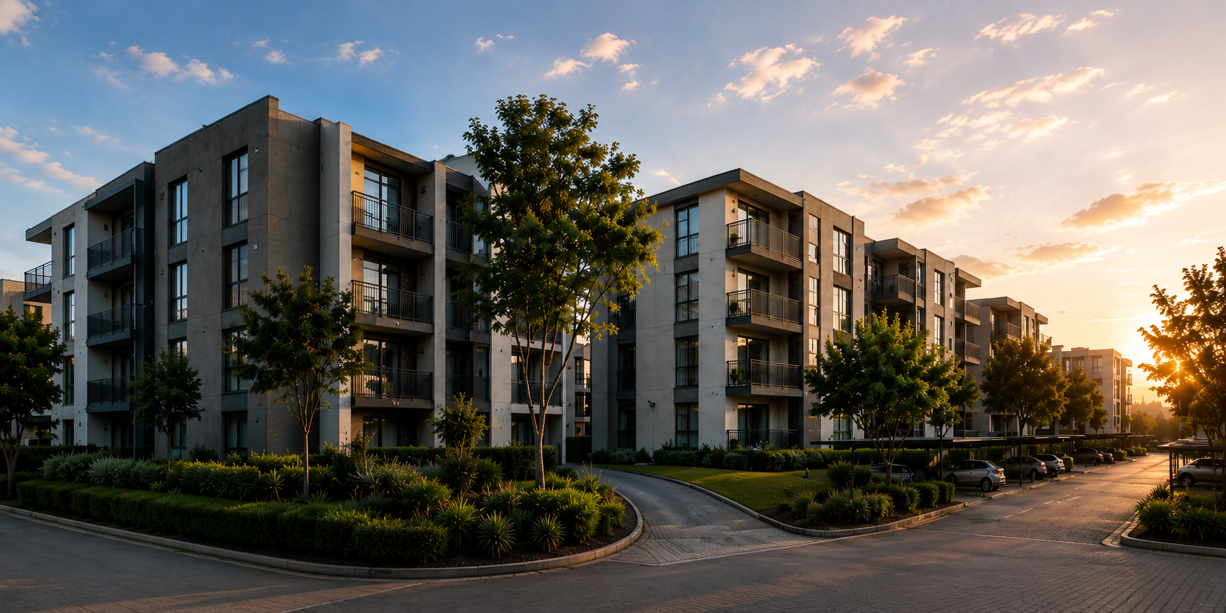 Row of well maintained multi-storey residential apartment blocks with landscaped gardens and parking at sunset