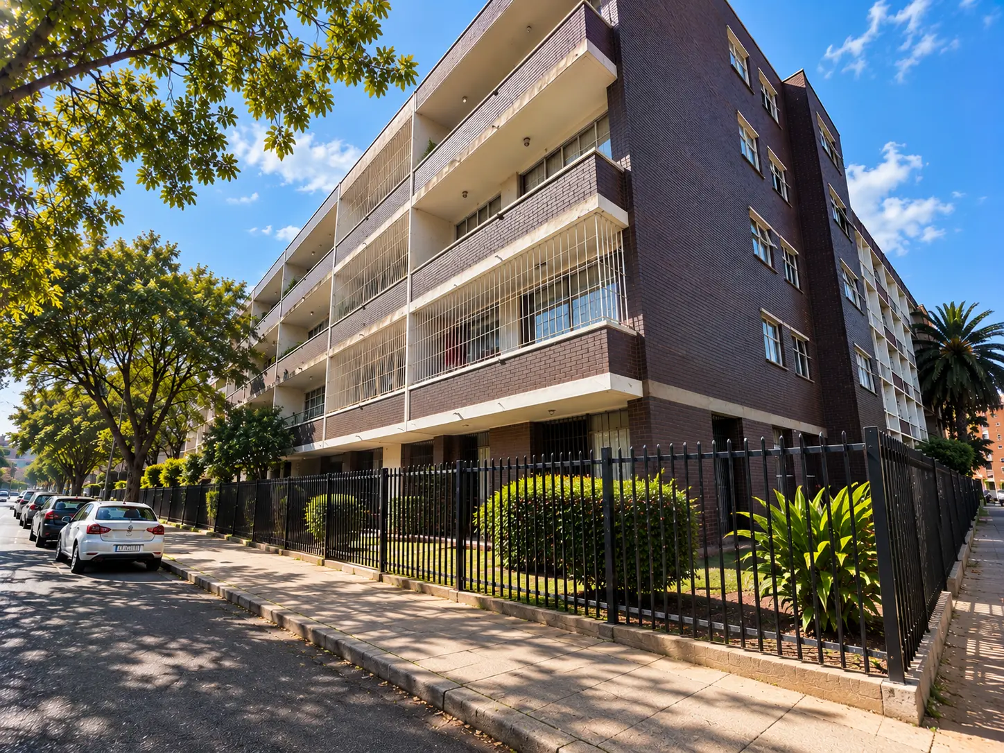 Older multi-storey apartment block with cream balcony bands behind a palisade fence on a tree-lined street