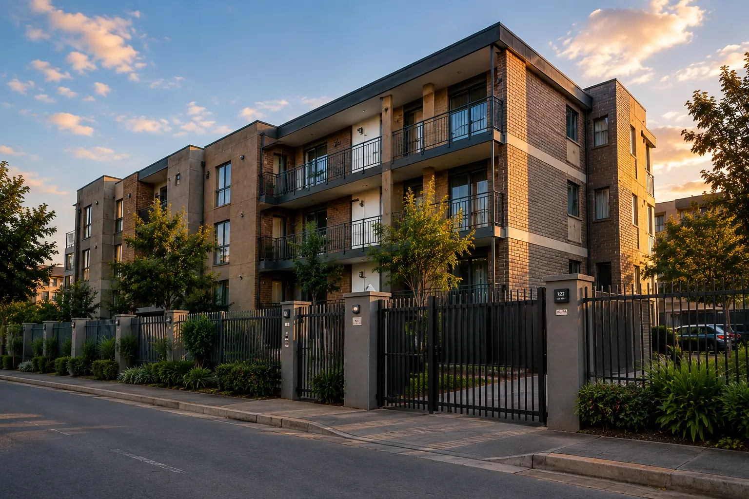 Well maintained South African residential apartment complex on an ordinary suburban street, with a boundary wall, simple landscaping and street access