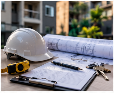 Property plans and a due diligence checklist on a clipboard during an inspection