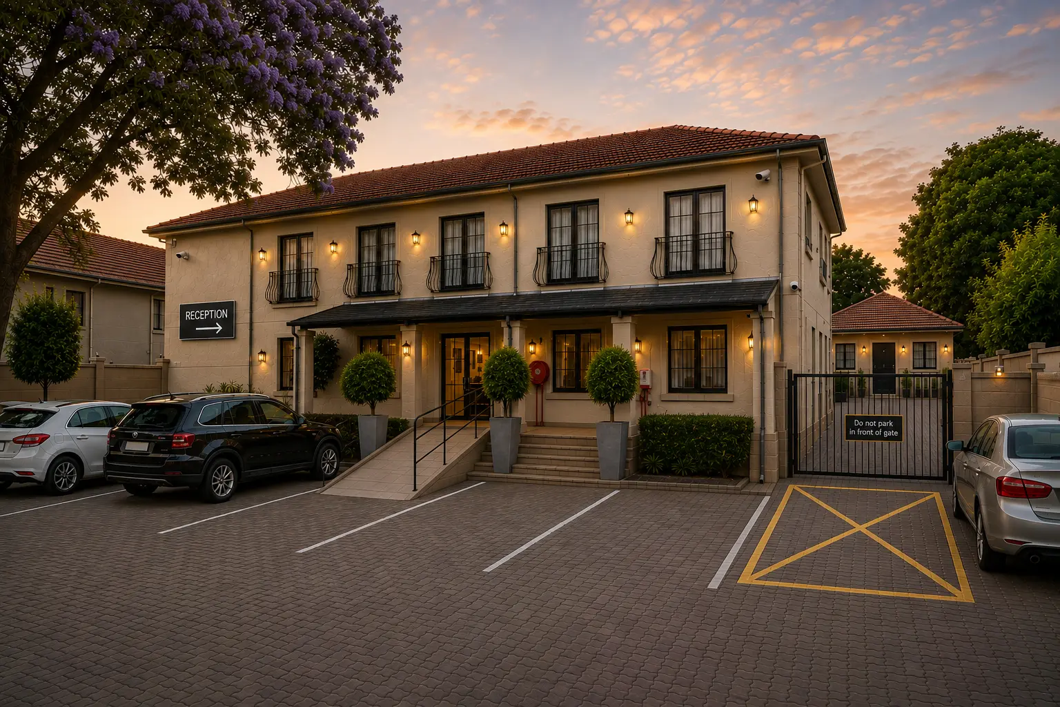Two-storey guesthouse with a red tiled roof and reception sign at dusk, beside a paved parking area and gated driveway