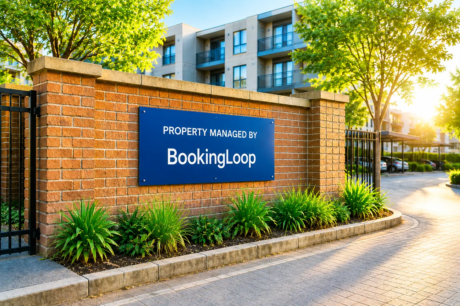 Face brick entrance wall of a well maintained South African residential complex at golden hour with a small plaque reading Property managed by BookingLoop