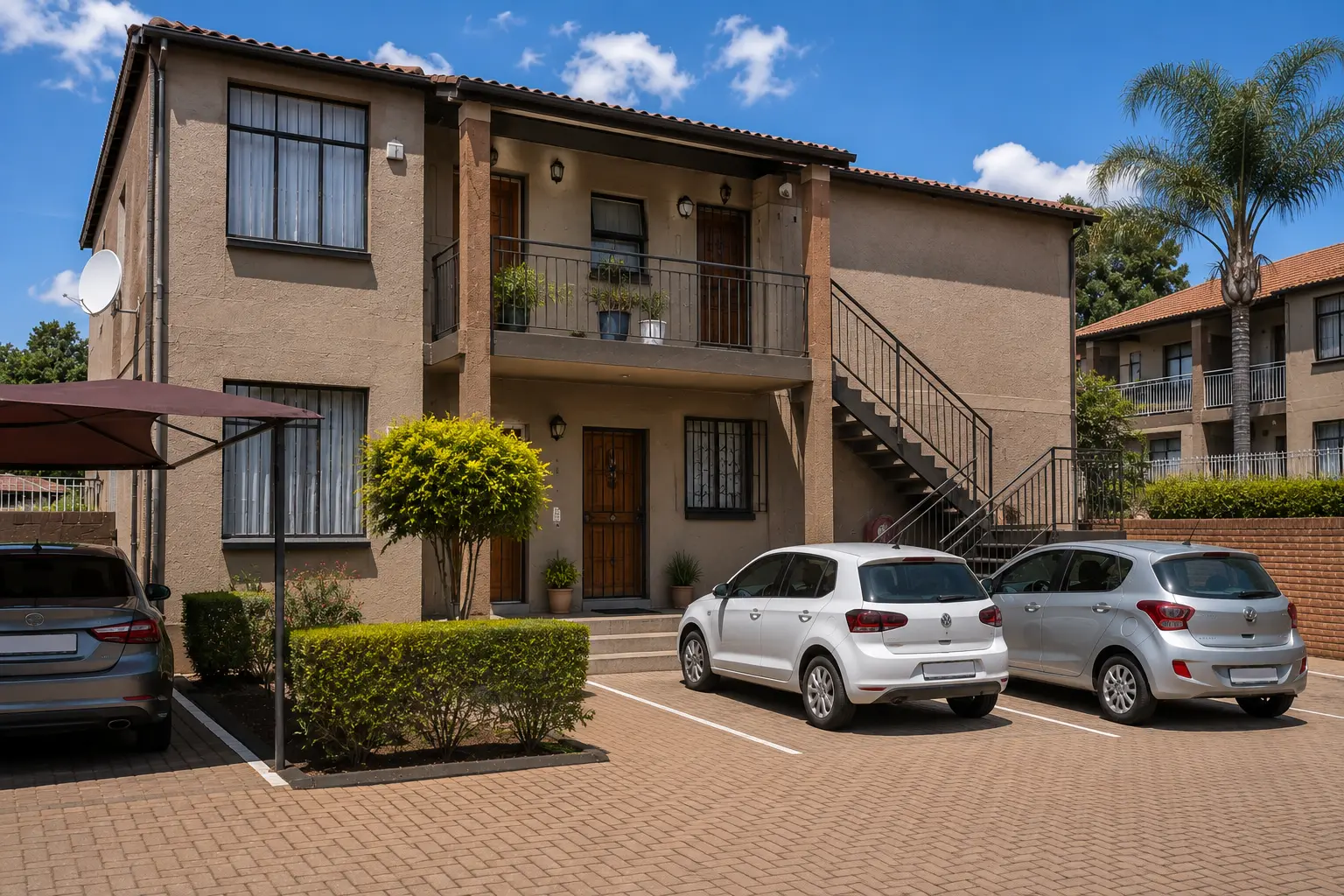 Two-storey residential complex with external stairs and parked cars in Gauteng