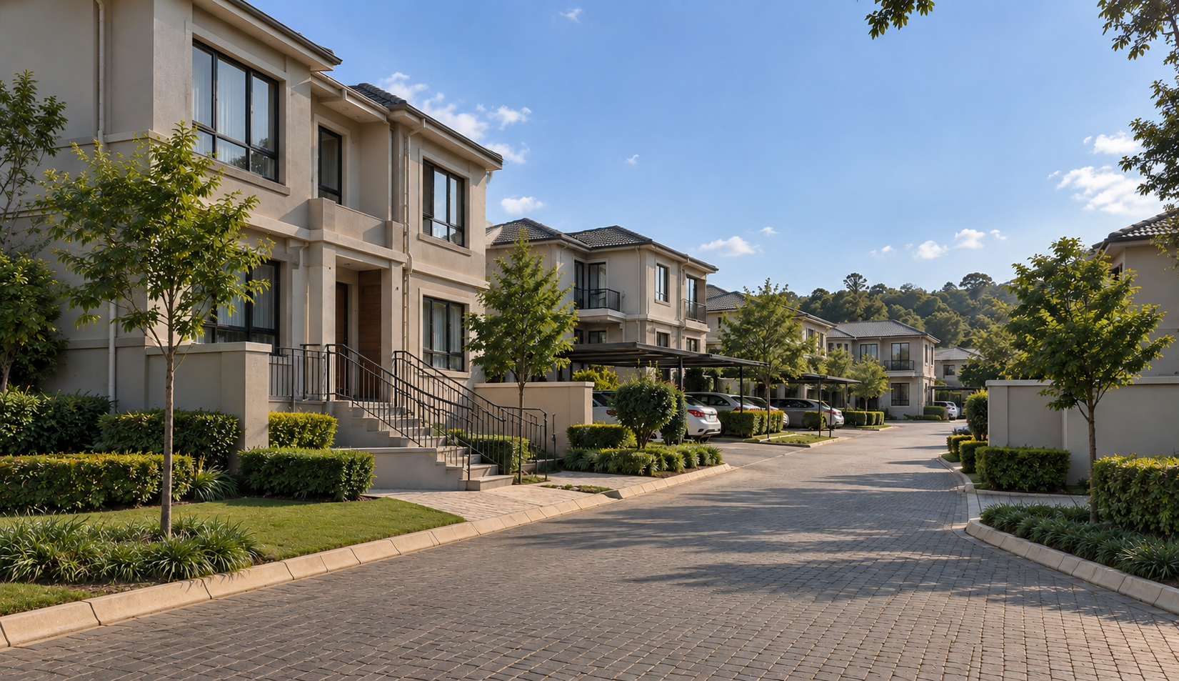 Modern sectional title complex with cream multi-storey homes, a paved internal road and covered parking