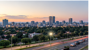 Wide Gauteng urban skyline at sunset with residential and office towers above a busy highway