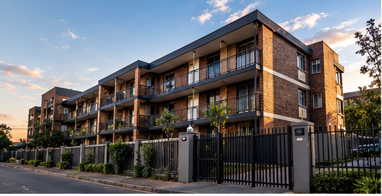 Face brick residential complex behind a secure perimeter wall