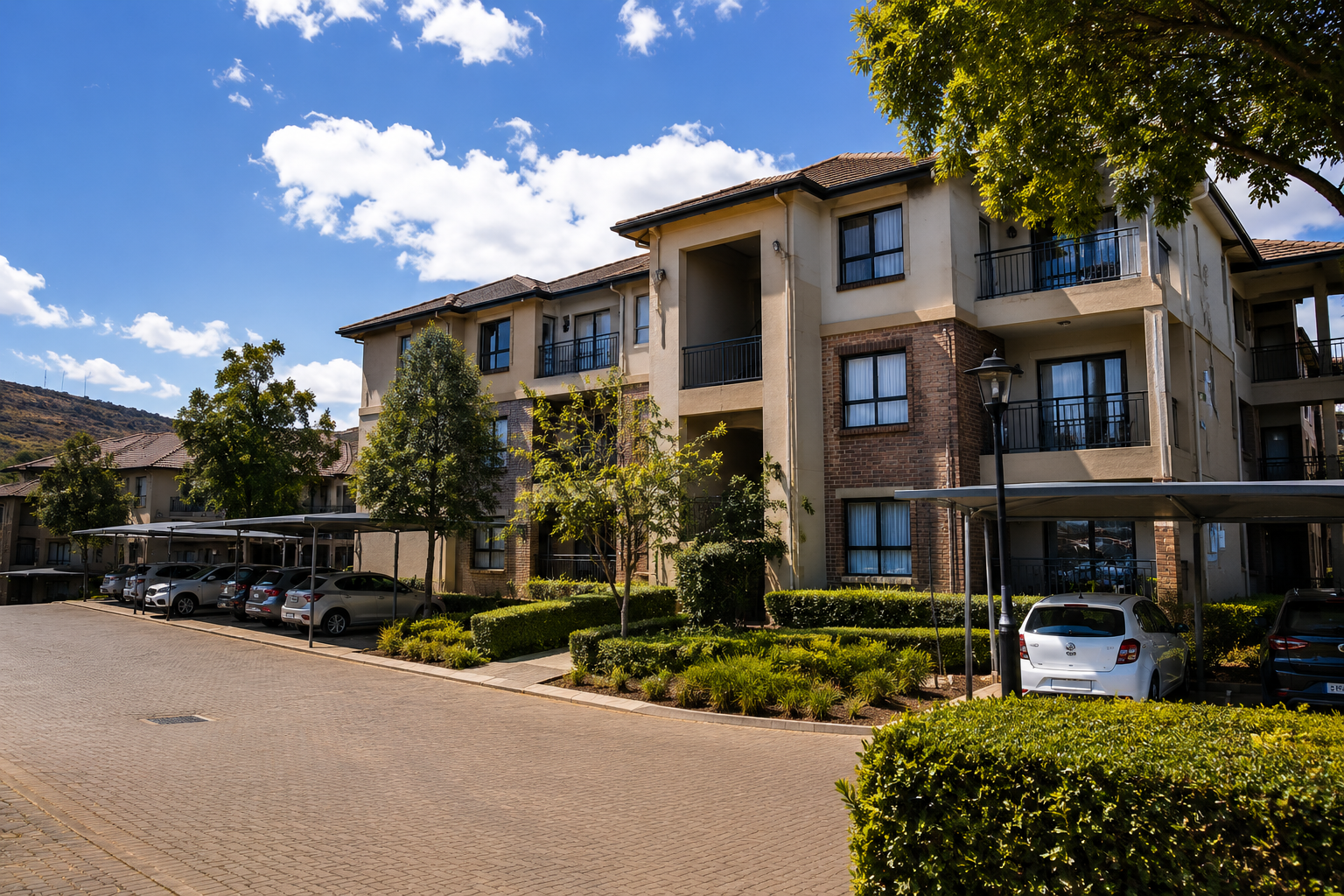 Maintained three-storey face brick and plaster apartment complex with paved access and covered parking