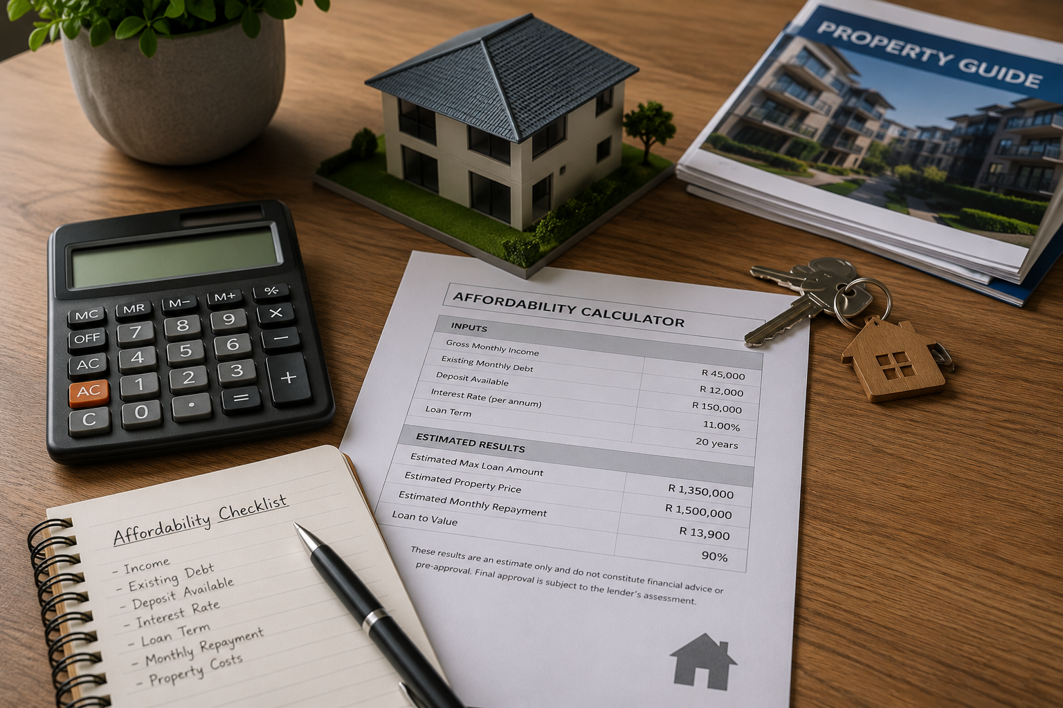 Affordability checklist, model house and keys arranged on a work desk