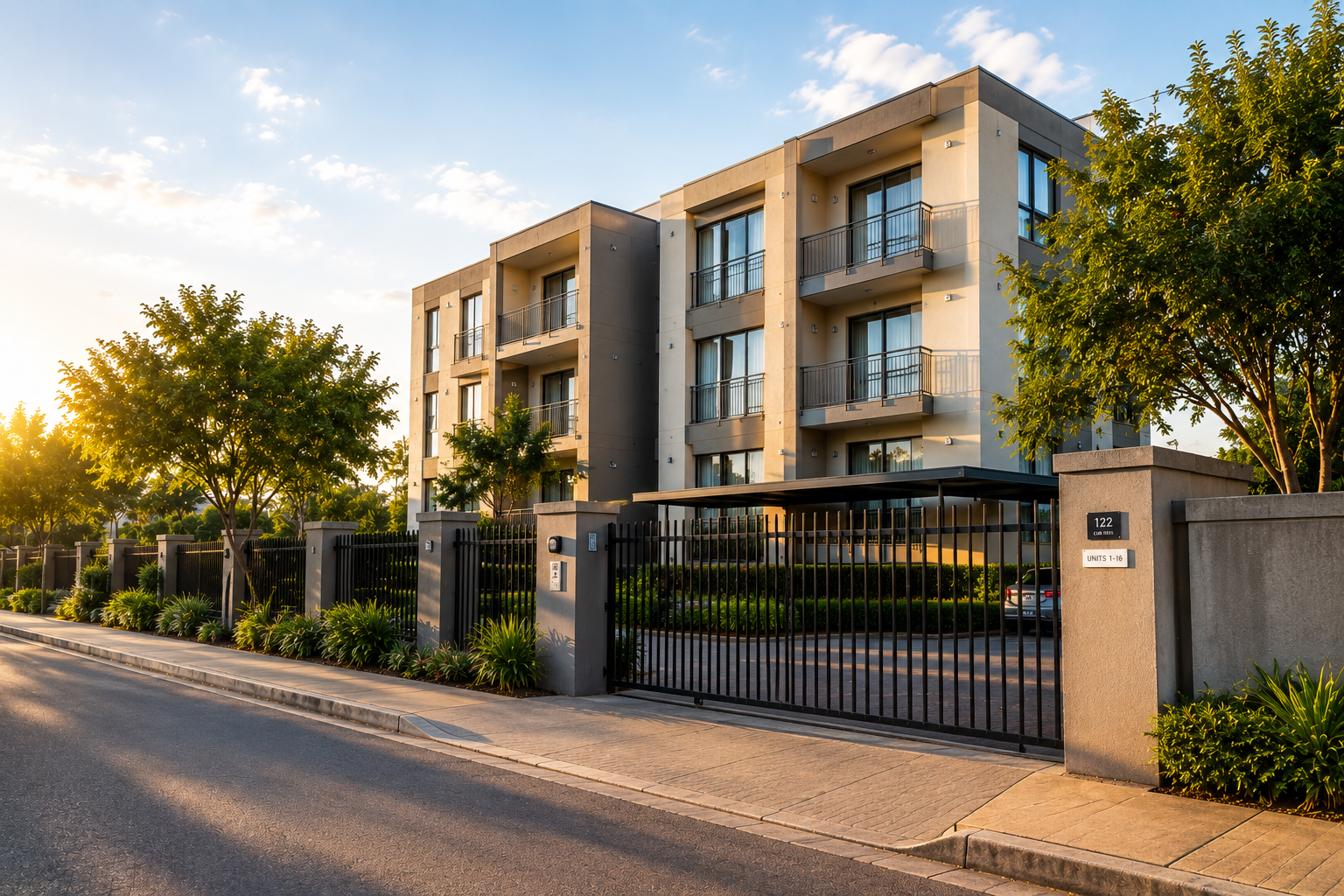 Secure gated residential apartment complex on a quiet suburban street in late afternoon light