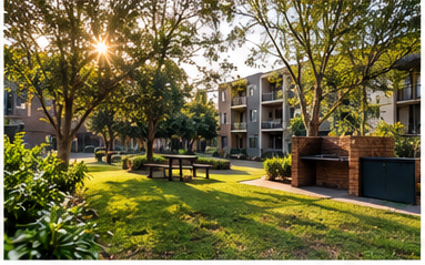 Maintained residential complex courtyard with landscaped shared areas