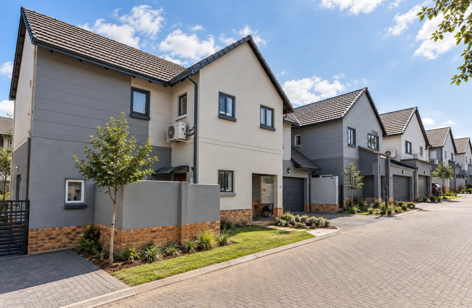 Daylight row of modern grey and cream two-storey townhouses with pitched tiled roofs, garages and small front gardens along a paved internal road