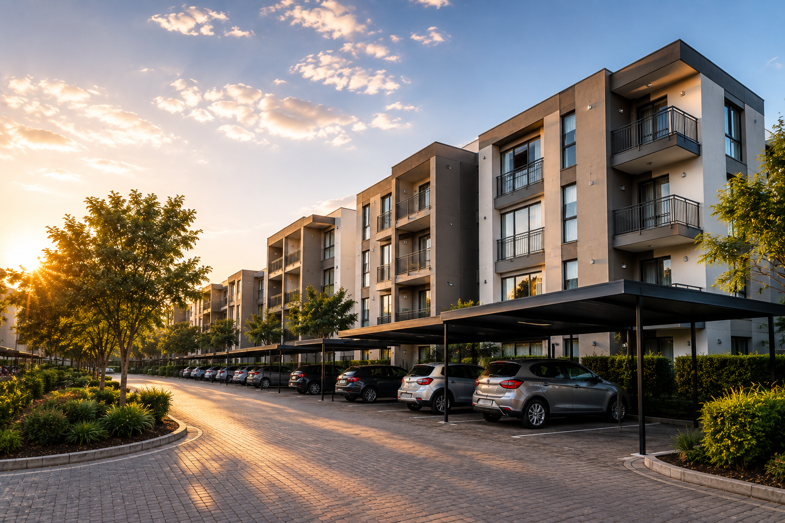 Residential complex parking court with cars under shaded carports beside a maintained apartment block at sunset
