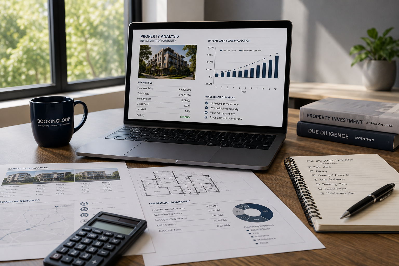 Desk with a laptop showing a residential property investment analysis, cash flow projection, rental comparables, a calculator and a due diligence checklist