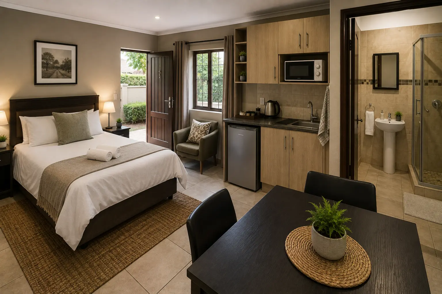Neat studio letting unit with a made-up double bed, small kitchenette, dining table and en-suite shower room